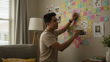 hombre pegando notas adhesivas a la pared